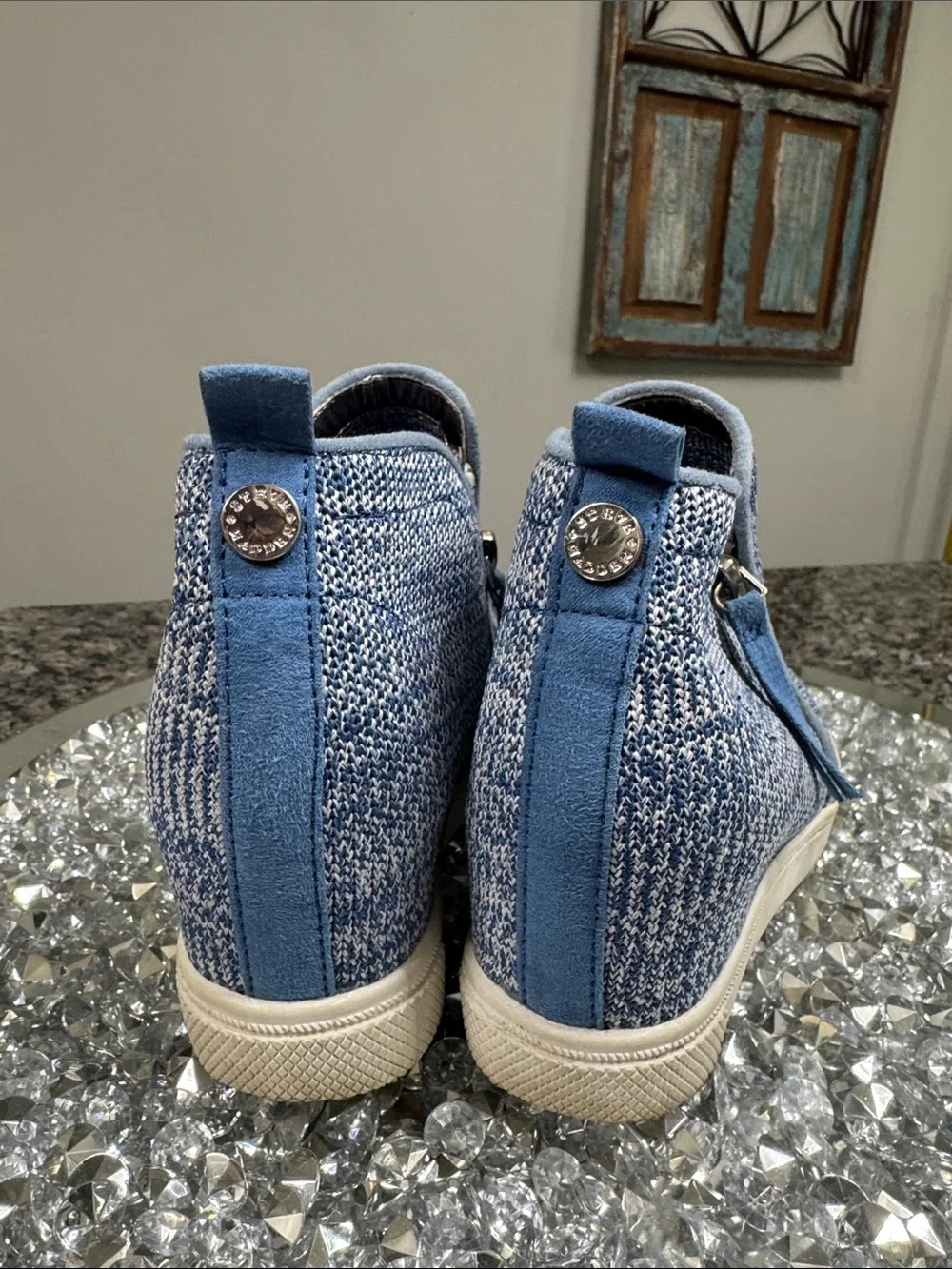 Steve Madden Blue Knit Wedge Sneaker with Side Zip EUC 1